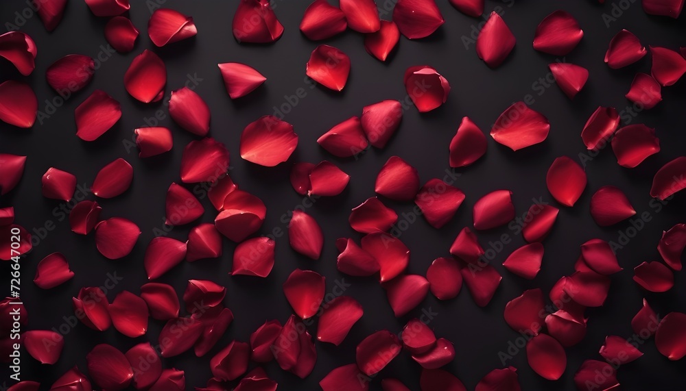 Multitude of red roses petals on dark background 