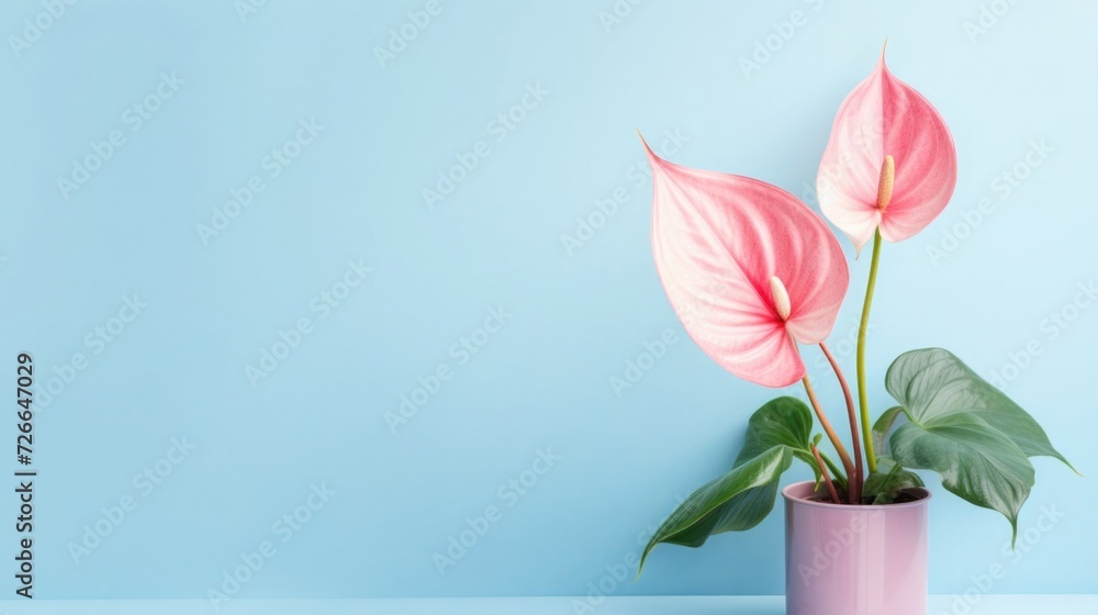 Light pink anthurium in a pink pot on light blue wall background. Copy space. 