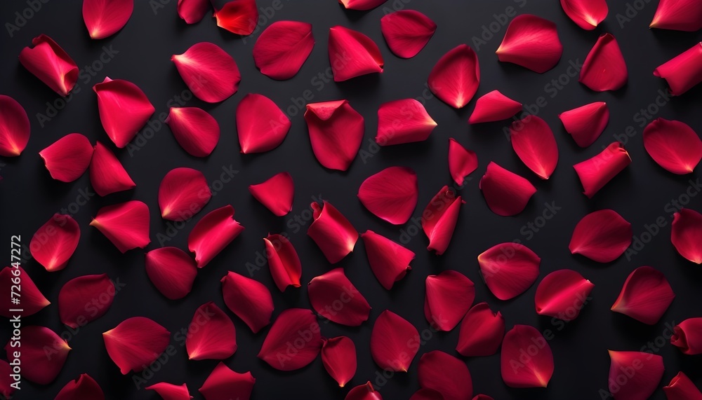 Multitude of red roses petals, dark background 