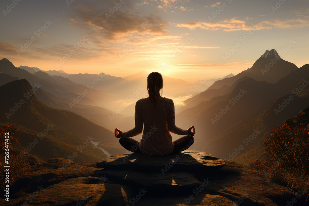 A person practicing yoga on a mountaintop, showcasing the spiritual and physical liberation found in mindfulness and self-discovery. Generative Ai.
