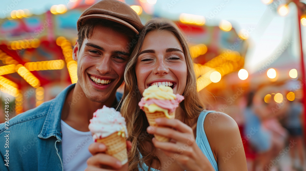 Colorful Love Story: Vibrant Couple Delighting in Ice Cream Fun