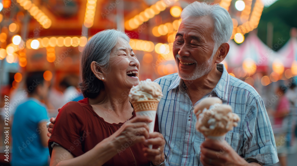 Amusement Park Delight: Happy Gray-Haired Couple Bonds Over Ice Cream
