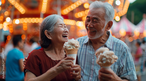 Amusement Park Delight  Happy Gray-Haired Couple Bonds Over Ice Cream