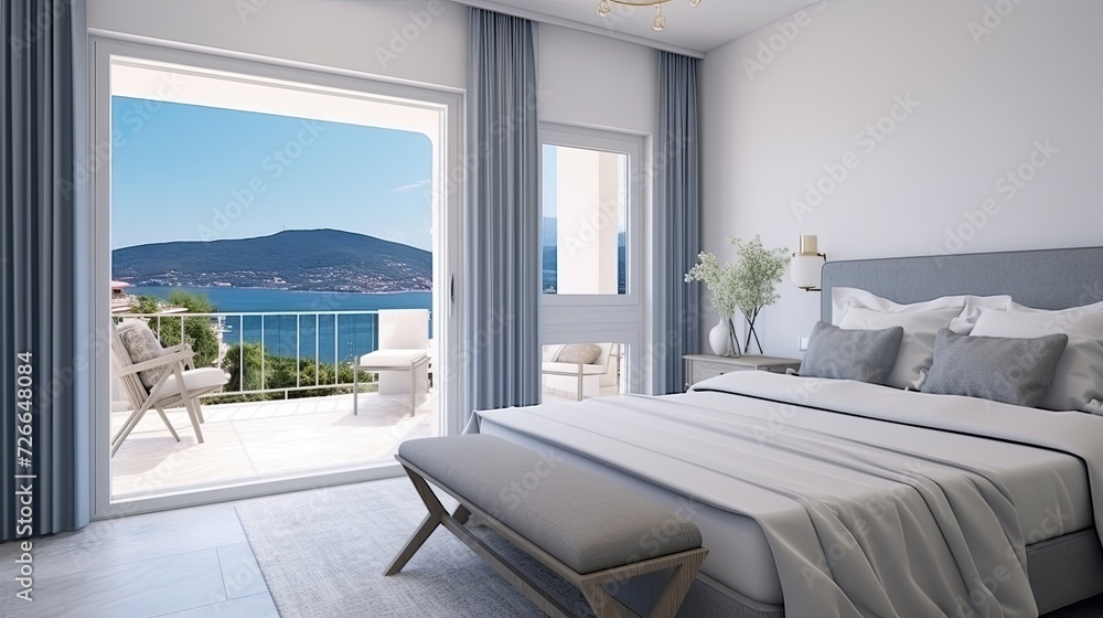 Bright bedroom in a minimalist Mediterranean style. Step into this sunlit Mediterranean bedroom and be transported to a coastal paradise. Serenity at its finest. Bright bedroom in a minimalist Mediterranean style. Step into this sunlit Mediterranean bedroom and be transported to a coastal paradise. Serenity at its finest.