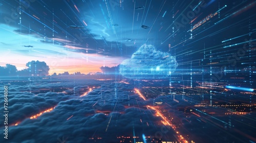 Futuristic landscape. The boundless potential and scalability of cloud technology, where data seamlessly flows across the digital horizon. photo