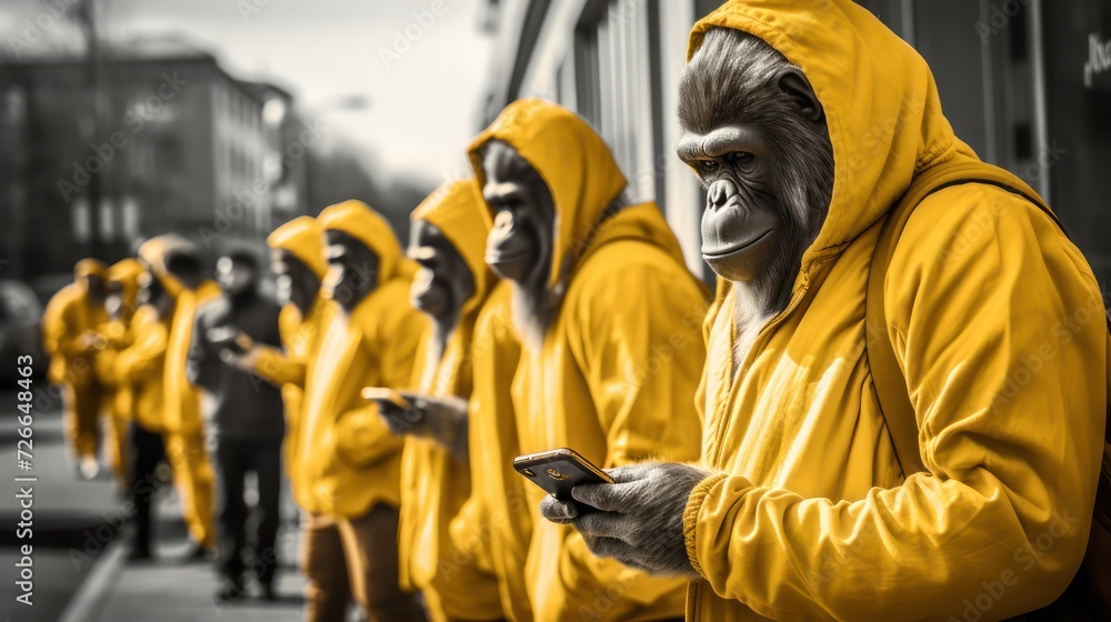 A group of monkeys in yellow suits stands on the street busy and holding in their hands mobile phones,monochrome photo.
