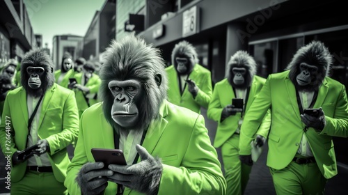 Monochrome green photo capturing apes with mobile devices in a city street.Virtual Connections concept.Communication Everywhere concept. photo