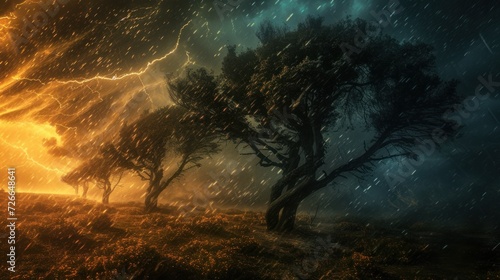 Rain and storm winds unleash their raw power, bending trees under their force.