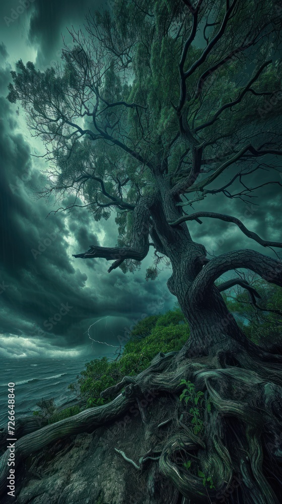 Rain and storm winds unleash their raw power, bending trees under their force. Rain and storm winds unleash their raw power, bending trees under their force.