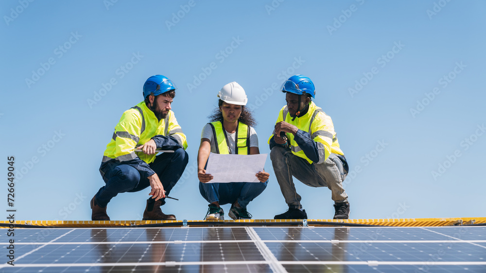 custom made wallpaper toronto digitalService engineer checking solar cell on the roof for maintenance if there is a damaged part. Engineer worker install solar panel. Clean energy concept.
