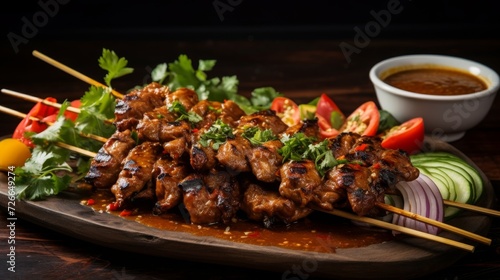 Grill marks on satay skewers, capturing the caramelized perfection of the meat and the vibrant colors of accompanying sauces.