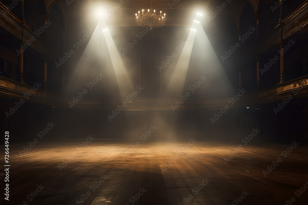 An empty stage with illuminated bright spotlights and a smoke effect , There is empty space in the stage background for copy space and text
