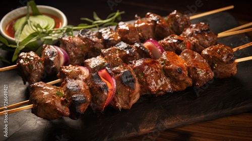 Grill marks on satay skewers, capturing the caramelized perfection of the meat and the vibrant colors of accompanying sauces. © Cloudspit