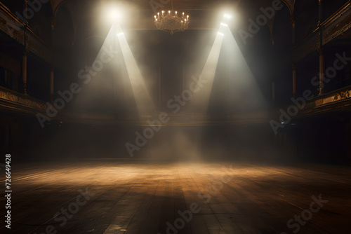 An empty stage with illuminated bright spotlights and a smoke effect , There is empty space in the stage background for copy space and text
 photo