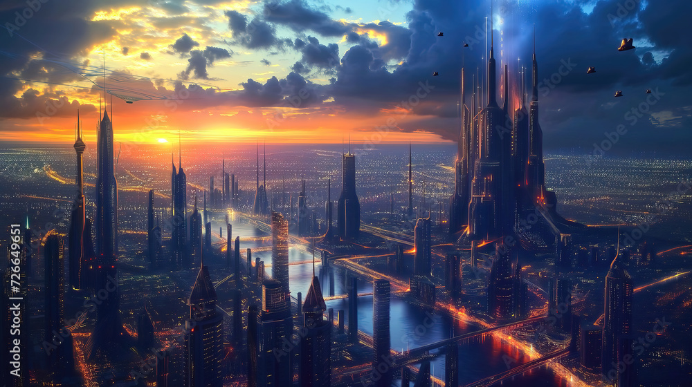 Future city 3D scene. Futuristic cityscape illustration with fantastic skyscrapers, towers, tall buildings, flying vehicles. Generative Ai. - obrazy, fototapety, plakaty 