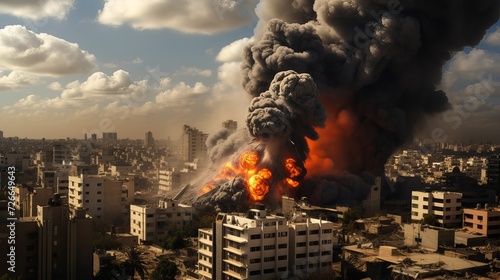 City buildings on fire with big explosion. Airstrike attack on city skyscrappers.  photo