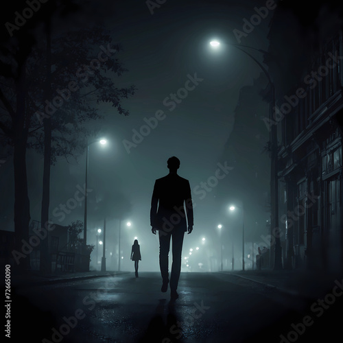 A slender man walks down the street at night. Glowing lanterns  dark atmosphere