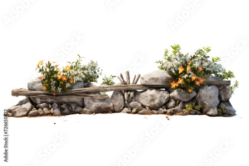 Trees, fence, shrubs, tropical flowers on rocks. isolated on white transparent background.