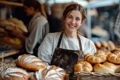 Bakery Delights: Smiling Female Baker and Fresh Breads