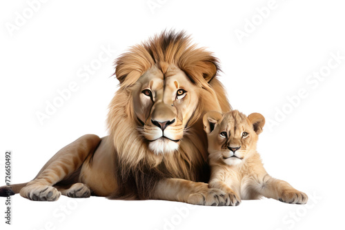 love of a lion hunter and cub isolated on white transparent background. © venusvi