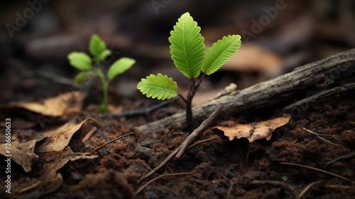  A sapling unfurls its bright green leaves against the contrasting backdrop of decaying leaves and rich soil.