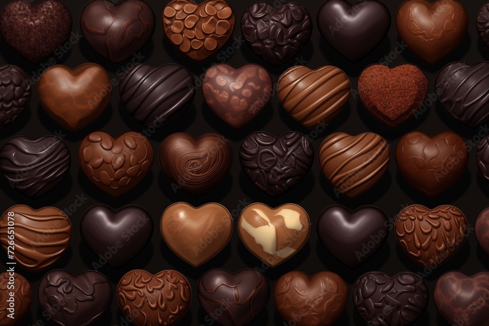 An elegant array of heart-shaped chocolate truffles in various shades and designs, meticulously organized on a black surface, perfect for a sweet celebration. An elegant array of heart-shaped chocolate truffles in various shades and designs, meticulously organized on a black surface, perfect for a sweet celebration.