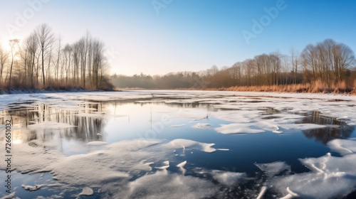 serene lake soft glow of sunrise, thawing the edges . Reflections of bare trees on the water's surface, surrounded by melting ice and patches of snow. golden rays herald the end of cold days, rebirth © DigitalArt