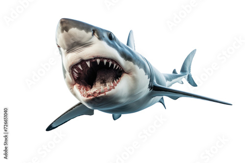ocean shark from below. Opening a dangerous mouth with many teeth isolated on white transparent background. photo
