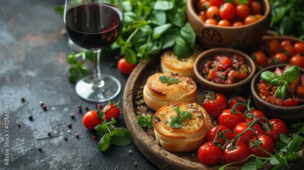 a close up of a plate of food with a glass of wine and a plate of food on a table with tomatoes and spinach and other foods on it. a close up of a plate of food with a glass of wine and a plate of food on a table with tomatoes and spinach and other foods on it.