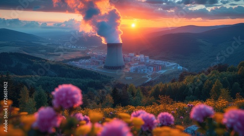  a power plant emits steam as the sun sets over a valley with flowers in the foreground and a mountain range in the background with trees and flowers in the foreground. © Zoya
