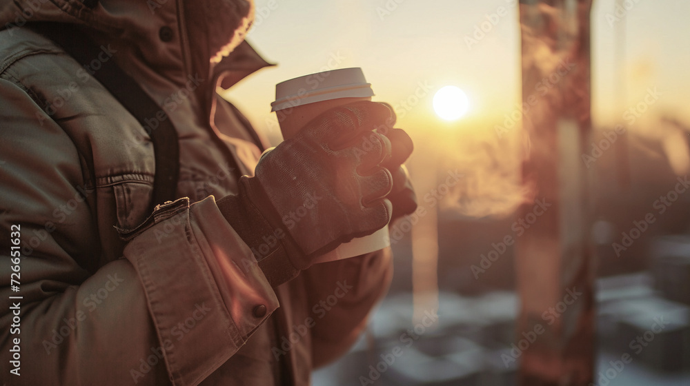 Dos manos de hombre con guantes sujetan una taza de café caliente al aire libre a primera hora de la mañana. Persona con bebida en la mano caliente. Dos manos de hombre con guantes sujetan una taza de café caliente al aire libre a primera hora de la mañana. Persona con bebida en la mano caliente.
