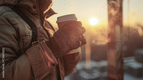Dos manos de hombre con guantes sujetan una taza de café caliente al aire libre a primera hora de la mañana. Persona con bebida en la mano caliente.