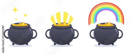 color vector illustration with a set of cauldrons with liquid gold