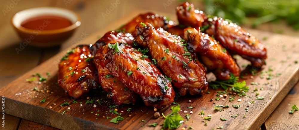 Barbecue chicken wings served on a wooden tray, crispy and saucy.