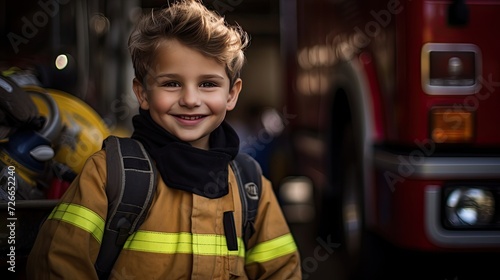 A cheerful youngster wearing a firefighter's costume, with a fire engine in the background