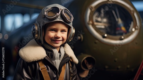 A smiling boy dressed in a pilot's uniform stands beside an aircraft © tydeline