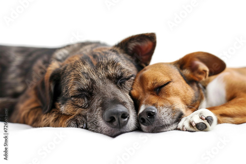 Two peaceful dogs sleeping nose to nose., isolated on white 