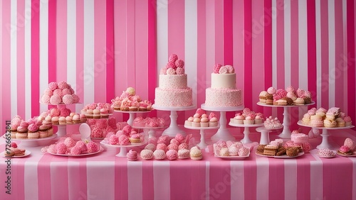 Wallpaper Mural A festive photo of a dessert table with various sweets and treats. The table is covered with a white and pink wedding cakes and cupcakes Torontodigital.ca