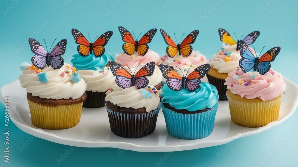 Cupcakes with cream and sugar butterflies and birthday candles on a white plate.  