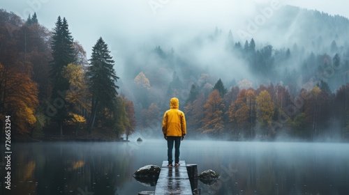 The misty mountain ambiance, a young man in a vibrant yellow jacket stands on a footbridge overlooking a serene lake.  photo