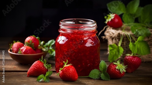 A glass jar displays juicy strawberry jam in vibrant hues and appealing texture. Strawberry jam in a gastronomic delight on rustic wood. Visually appetizing strawberry jam.