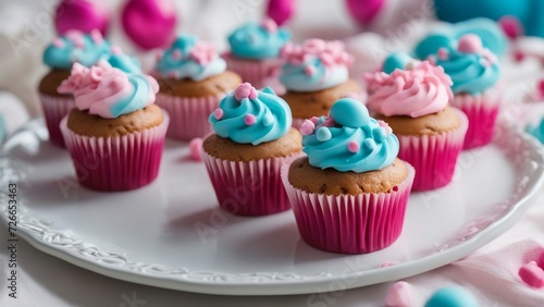 cupcakes with sprinkles Cupcakes with pink and blue frosting and baby themed decorations on a white tablecloth. 