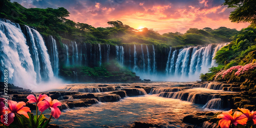 Fantasy landscape with waterfalls, panorama. Generative AI