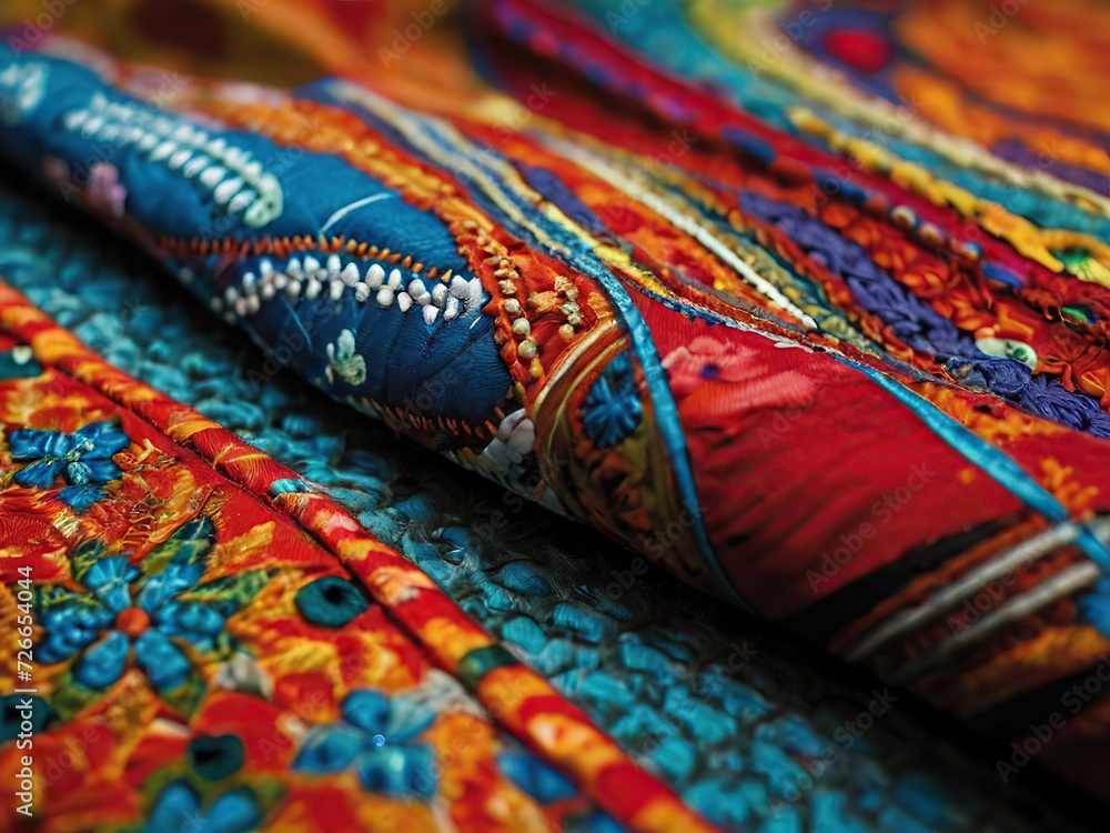 Textile with Bright Patterns Texture: The center of the frame is dominated by a textile surface with vivid patterns. Selective focus. Free space for text. Textile with Bright Patterns Texture: The center of the frame is dominated by a textile surface with vivid patterns. Selective focus. Free space for text.