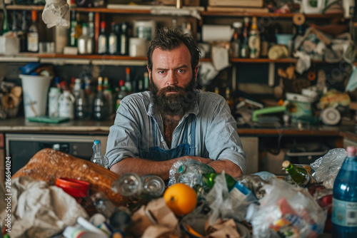 Regretful 30-Year-Old Bearded Guy Amidst Kitchen Chaos