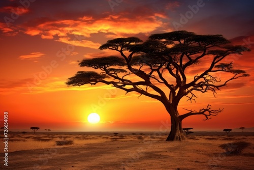 African savannah landscape with acacia trees and birds at sunset, Sunset in the savannah of Africa with acacia trees, Safari in Serengeti, Tanzania, AI Generated
