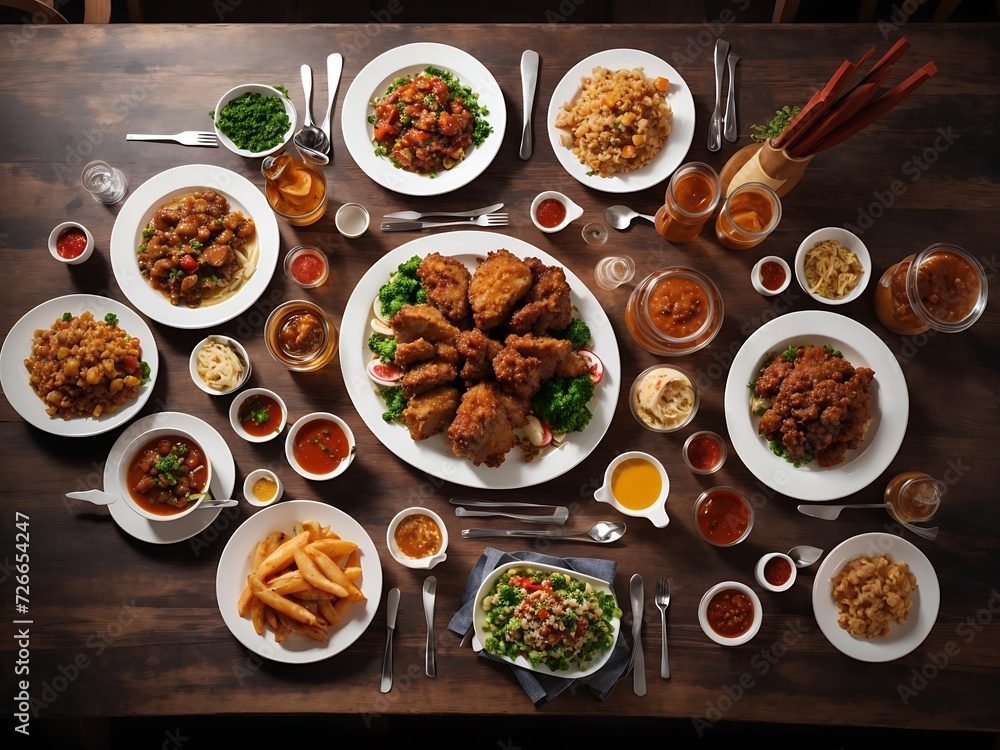 Free photo dinner table with fried meat dishes and sauces Generative Ai