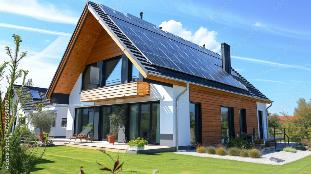 Naklejka premium Aerial view newly built modern luxury real estate village with solar panel electric generator on roof for generate electrical power in household consumption sustainable architecture lifestyle concept.