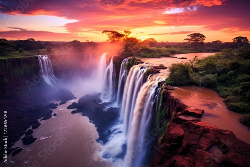 A breathtaking view of a large waterfall surrounded by the vibrant colors of a sunset  The Iguazu Waterfalls in Brazil  AI Generated