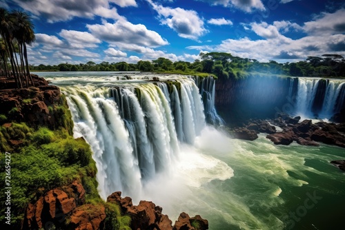 A stunning photograph showcasing a grand waterfall situated in the midst of a large body of water  The Iguazu Waterfalls in Brazil  AI Generated